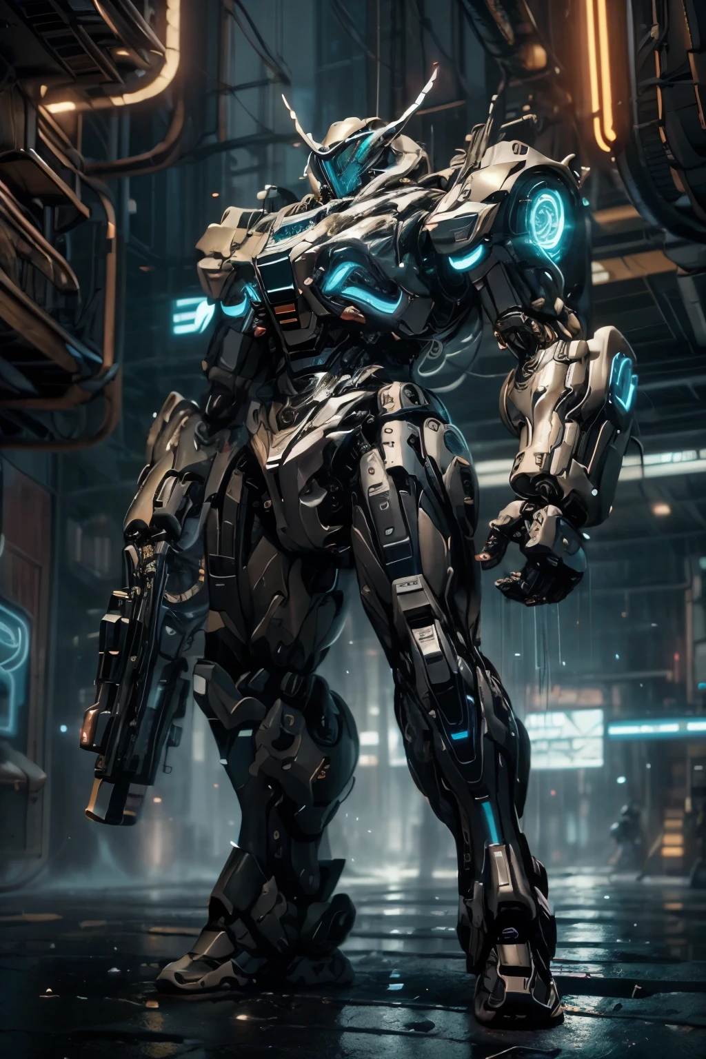 (mejor calidad, 8k, obra maestra: 1.2), ultra detallada, (ultra realista, fotorrealista: 1.37), (futurista, Science fiction: 1.1),y una  chicas hermosa soldado mech ciudad ciberpunk, Mechanical soldiers, a bustling metropolis, high tech neon lights, Rascacielos imponentes, sistemas de transporte avanzados, flying vehicles, callejones oscuros y arenosos, animados mercados callejeros, Holographic ads, advanced robotics and artificial intelligence, intense energy and movement, arquitectura e infraestructura imponentes, fuertes lluvias y niebla, electric blue and neon violet color palette, Sharp and dynamic shadows, mysterious and futuristic atmospheres, decadencia urbana y elementos industriales, impresionante horizonte nocturno, exciting feeling of danger and excitement. en una batalla