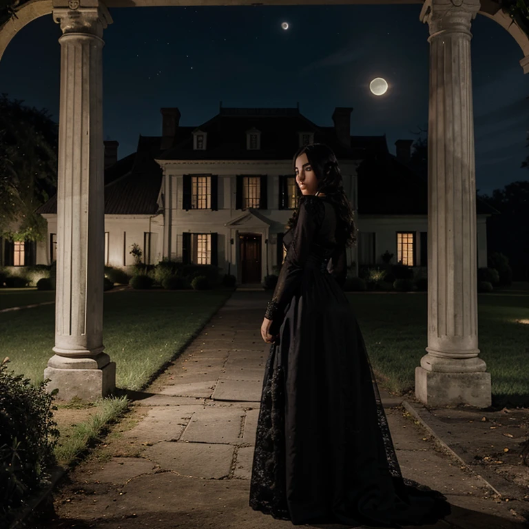 A plantation manor, at night, with full moon in the background, a woman wearing a long black lace dress and white gibson hairdress standing by a sleeping willow, ultrarealistic