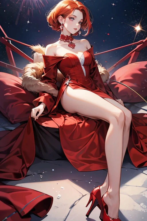 She is a dark blue  with ginger hair. She wears a red dress, red high heels, and white pearl collar with matching earrings.  SPARKLE; GLITTER