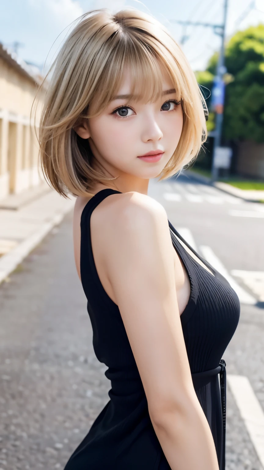 Stylish beautiful Asian woman、White and beautiful skin、low length、Blonde、Bob Cut Hair、Red eyes、Slanted Eyes、Thin eyebrows、Thick lips、smile、Flashy clothes、Fashion Model、Brick Background、
