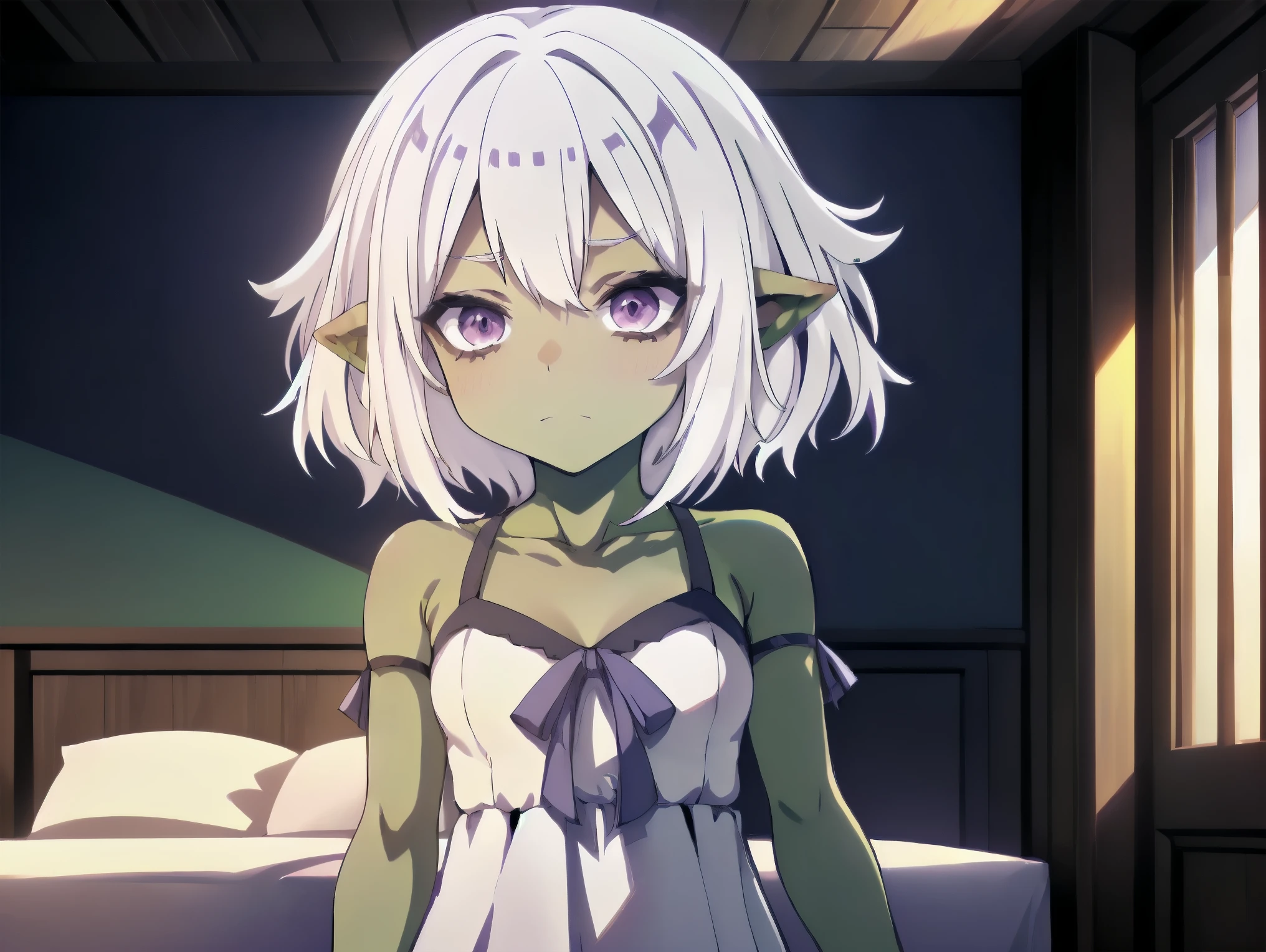 1Goblin girl, ((((white hair)))), (((purple eyes))), ((Green skin)), (((no espression))), ((best quality)), (((dress))), (detailed), perfect face, ((style novel)), beautiful cores, ((anime_Colores)), ((in room)) , (Alone)