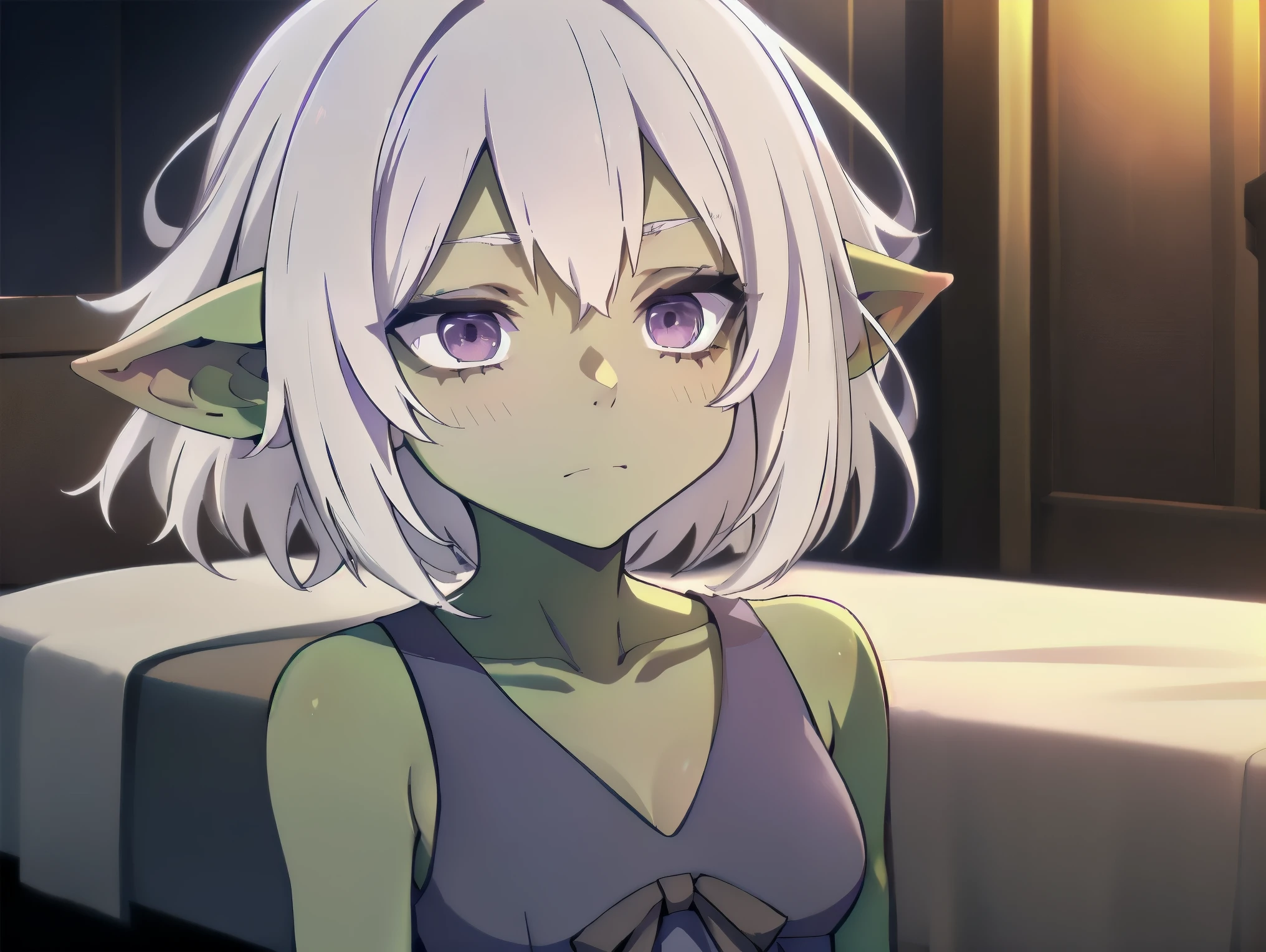 1Goblin girl, ((((white hair)))), (((purple eyes))), ((Green skin)), (((no espression))), ((best quality)), (((dress))), (detailed), perfect face, ((style novel)), beautiful cores, ((anime_Colores)), ((in room)) , (Alone)