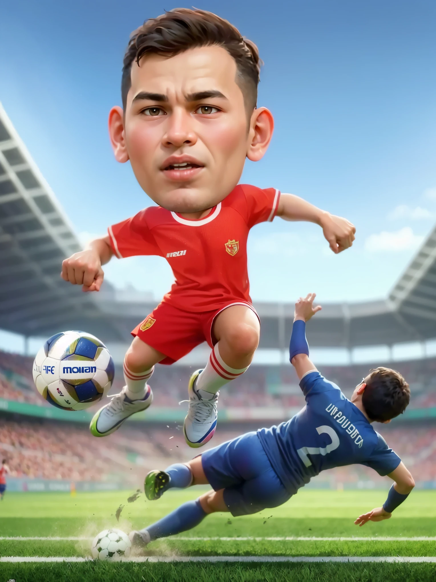 cartoon soccer player in red and white uniform jumping to catch a soccer ball, caricature illustration, caricature style, caricature, toon rendering, by Abidin Dino, inspired by Kaff Gerrard, caricature!!!, soccer player, fanart, realistic cartoon, in cartoon style, big head, charicature, mohamed chahin style, official fanart