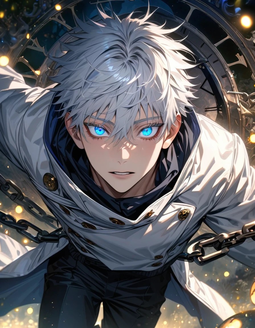 absurdres, highres, ultra detailed, HDR, master piece, best quality, extremely detailed face and eyes, Gojo Satoru, white hair with bangs, hair between the eyes, expressive blue eyes, Jujutsu Kaisen, solo, sexy man, handsome, white coat, black pants, clock mechanical moon, fantasy, chains, fireflies