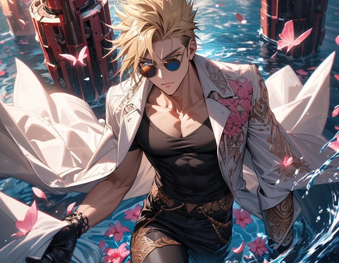 Ultra detailed, Highres, absurdres, Vash Stampede, blond hair, blue eyes, amber round sunglasses, white long coat with patterns, Trigun, pink flowers, petals, extremely handsome, sexy man, toned chest, solo, very detailed eyes and face, black gloves, water, black pants, pink butterflies, black tight t-shirt,