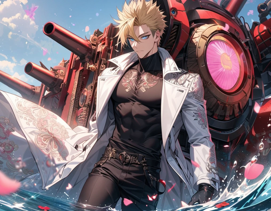 Ultra detailed, Highres, absurdres, Vash Stampede, blond hair, blue eyes, amber round sunglasses, white long coat with patterns, Trigun, pink flowers, petals, extremely handsome, sexy man, toned chest, solo, very detailed eyes and face, black gloves, water, black pants, pink butterflies, black tight t-shirt,