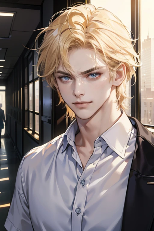 (tmasterpiece, high resolution, ultra - detailed:1.0), (1 boy, Young male, masculine face), Perfect male body, tall and strong, Adult male, Delicate eyes and delicate face, Extremely detailed CG, Unity 8k wallpaper, Complicated details, Detailed face, (blond hair, messy hair, serious faces, white shirts,Bad students), (frown,evil smile:1.3), stad in school corridor, street style, color difference, Depth of field, dramatic shadow, Ray tracing, Best quality, Cinematic lighting, offcial art,Portrait