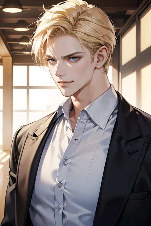 (tmasterpiece, high resolution, ultra - detailed:1.0), (1 boy, Young male, masculine face), Perfect male body, tall and strong, Adult male, Delicate eyes and delicate face, Extremely detailed CG, Unity 8k wallpaper, Complicated details, Detailed face, (blond hair, messy hair, serious faces, white shirts,Bad students), (frown,evil smile:1.3), stad in school corridor, street style, color difference, Depth of field, dramatic shadow, Ray tracing, Best quality, Cinematic lighting, offcial art,Portrait
