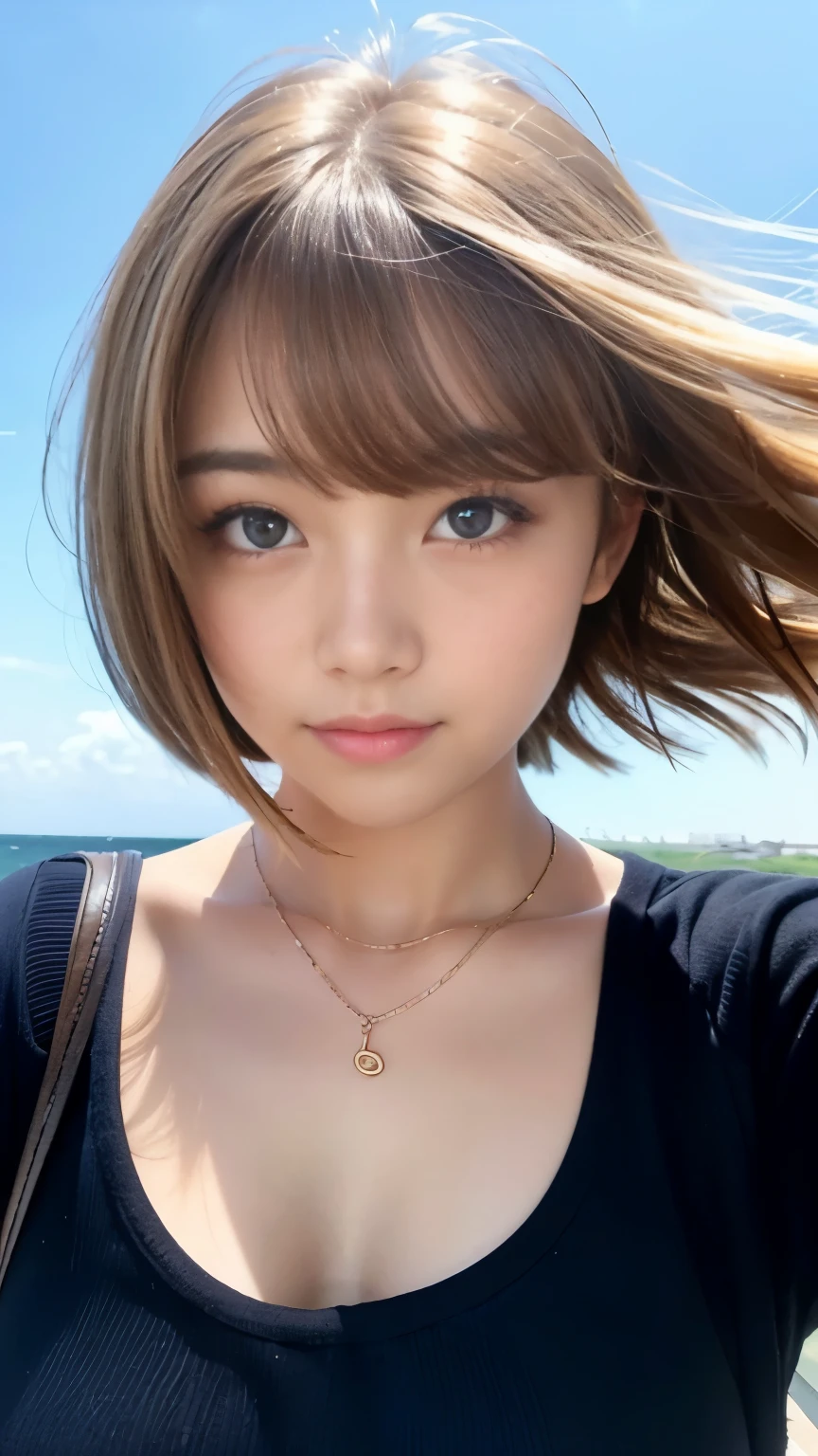 Sexy big 、Sexy cute looks and cute beautiful girl, Beautiful and sexy face、A strong wind blows my hair in front of my face、With short blonde hair、Beautiful, cute and sexy eyes hidden behind long bangs。