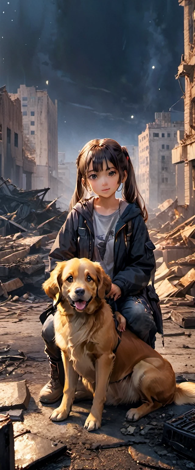 #quality(8k,wallpaper of extremely detailed CG unit, ​masterpiece,hight resolution,top-quality,top-quality real texture skin,hyper realisitic,increase the resolution,RAW photos,best qualtiy,highly detailed,the wallpaper,cinematic lighting,ray trace,golden ratio,), BREAK ,solo,(1girl is sitting on the ground at post-apocalypse very ruined city with 1dog:1.4),#1girl(cute,kawaii,,dirty ripped clothes,long ponytail hair,messy hair,brown hair,brown eyes,big eyes,dirty:1.4,breast,smile:1.4,cooking by 1bonfire),#1dog(golden retriever,good boy), BREAK ,#background(at night:1.4,no lights at all,very beautifl stars,at the center of the very ruined city,ruined skyscrapers),long shot,long view,landscape,(1girl:2.0),[nsfw]