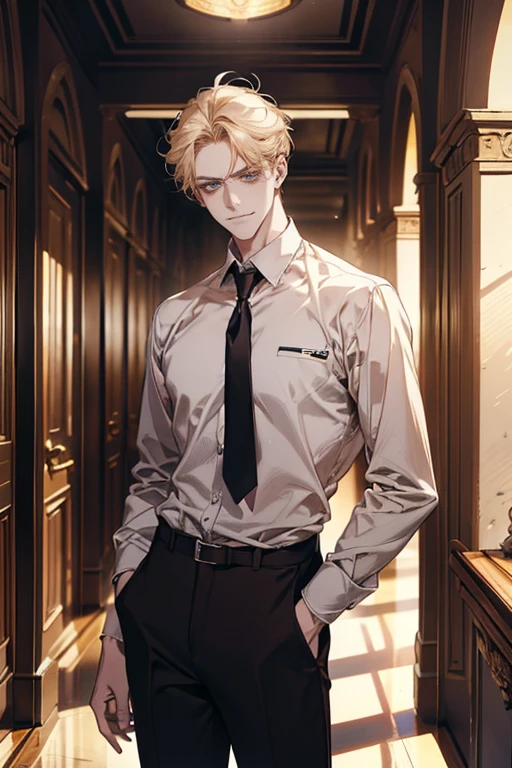 (tmasterpiece, high resolution, ultra - detailed:1.0), (1 boy, Young male, masculine face), Perfect male body, tall and strong, Adult male, Delicate eyes and delicate face, Extremely detailed CG, Unity 8k wallpaper, Complicated details, Detailed face, (blond hair, messy hair, serious faces, white shirts,Bad students), (frown,evil smile:1.3), stad in school corridor, street style, color difference, Depth of field, dramatic shadow, Ray tracing, Best quality, Cinematic lighting, offcial art,Portrait