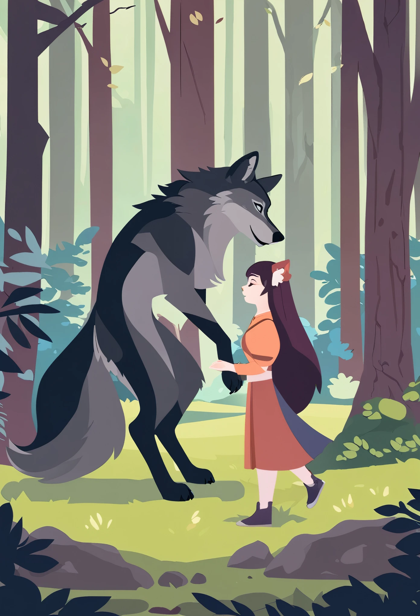 A girl and a wolf meet in the forest, flat Design,