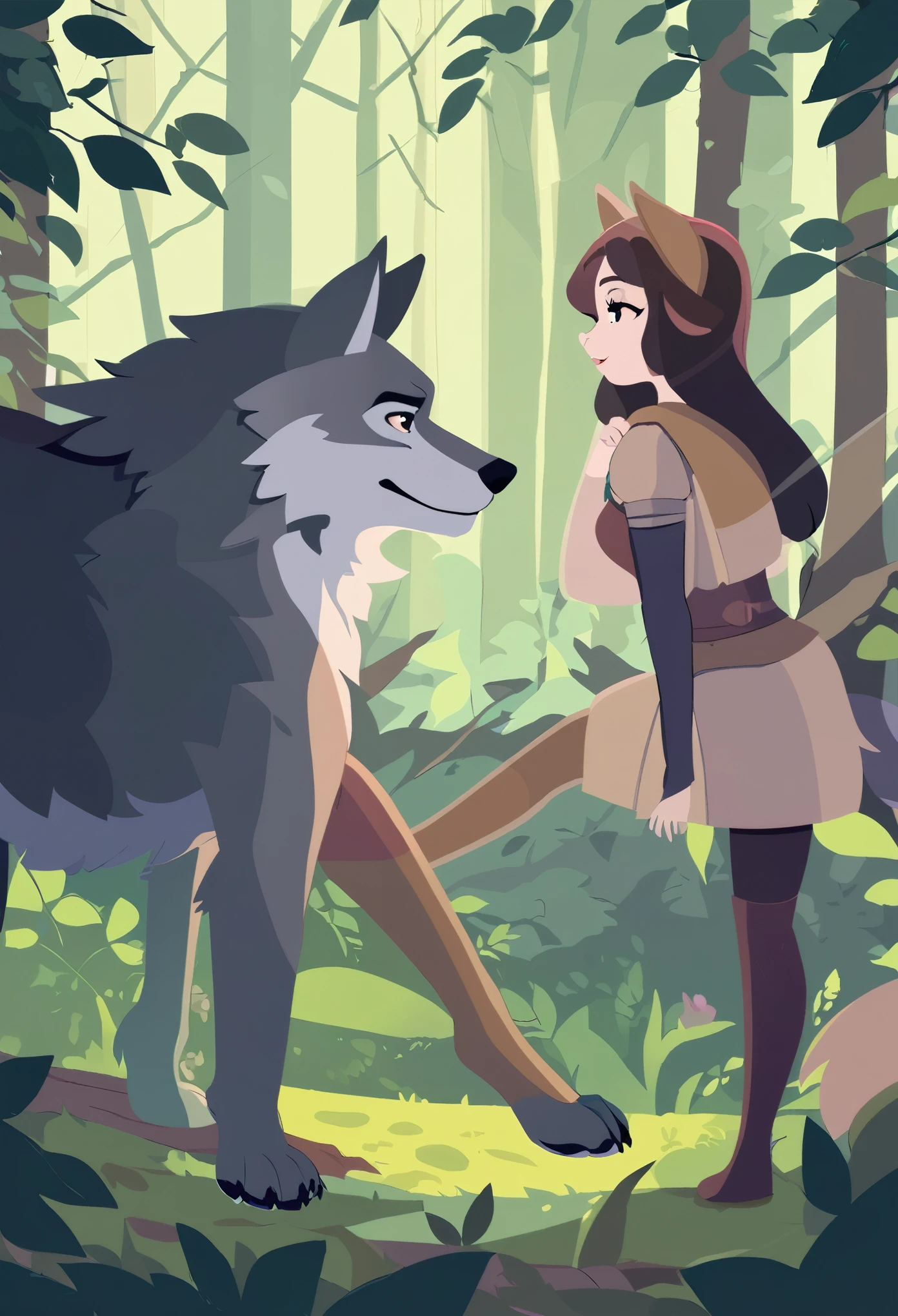 A girl and a wolf meet in the forest, flat Design,