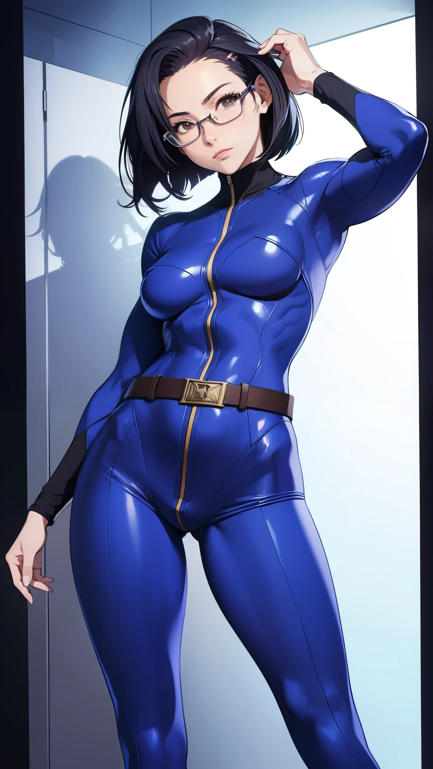 (masterpiece, best quality:1.2),(photoreal)perfect anatomy,solo, 1 middle woman, (Niimi Kaoru),(looking at viewer),((small breasts:1.2)),((saggy breasts:1.2)),((muscular:1.6)),((do not hide your crotch)),((do not show your skin)),(cod lips),holding head high,((Standing upright and immobile)),both hands on head,hairclip, glasses,((full covered body suit)),ultra thin fabric jump suit, uniform, high heel,belt