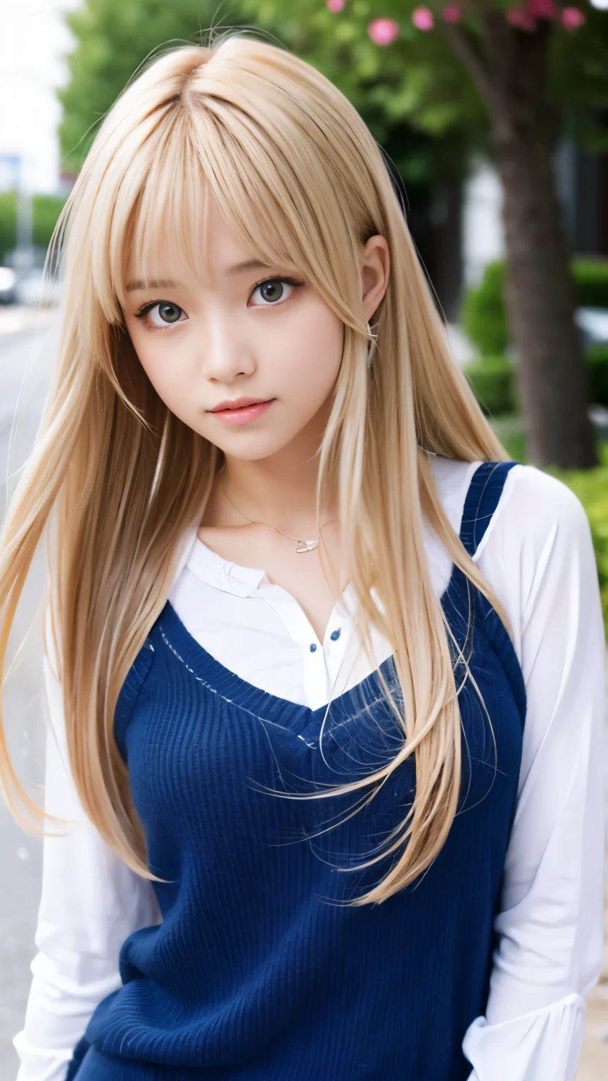 Sexy big 、Sexy cute looks and cute beautiful girl, Beautiful and sexy face、A strong wind blows my hair in front of my face、With straight blonde hair、Beautiful, cute and sexy eyes hidden behind long bangs。