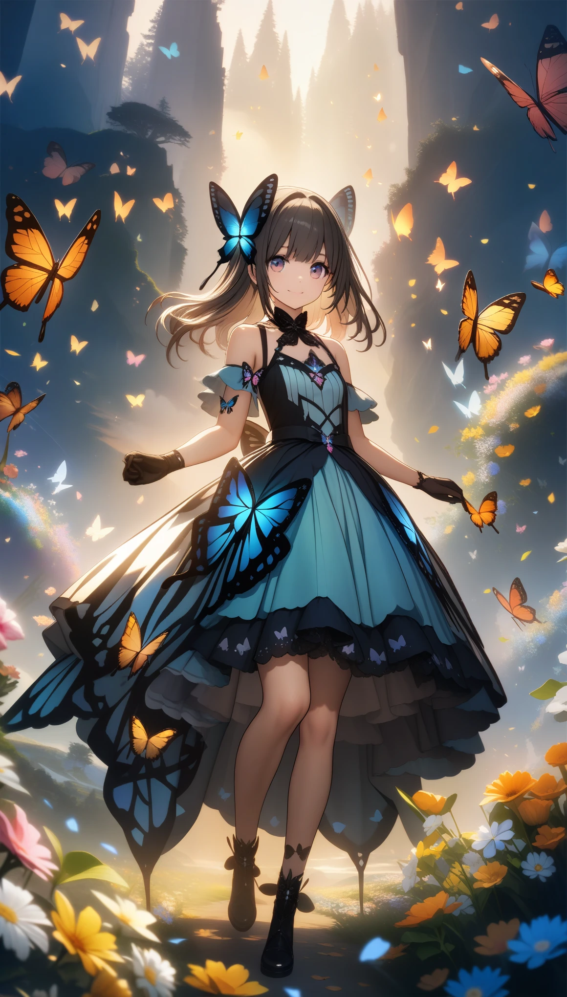 32k, best quality, ultra high res, HDR, UHD, extremely detailed CG, unity 32k wallpaper, (32k), (beautiful cute girl), (butterfly ornament), (butterfly dress), ((many butterflies)), (((background of many flowers
))), (((bright background))), (beautiful world), (cute world), smile,