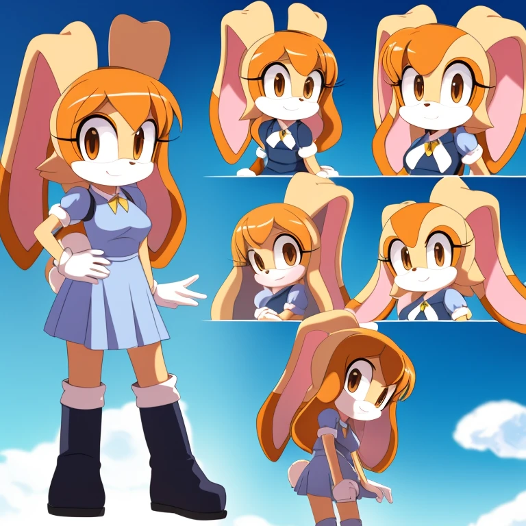 Female, Mobian, Rabbit, Cream the Rabbit sonic the hedgehog \(series\), rabbit girl, ((solo)), ((1girl)), ((hairstyles, long wavy hair with curtain side bangs, similar to Maria)), brown eyes, blushing, serious/mad, young adult, average sized breasts, hair on top of shoulders, long peach hair color that’s is wavy, wearing uniform , black boots, white gloves, arms crossed, many poses (((2D Anime Style))), 