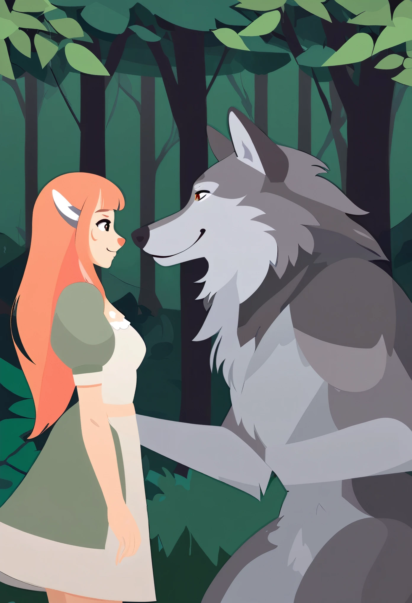 A girl and a wolf meet in the forest, flat Design,