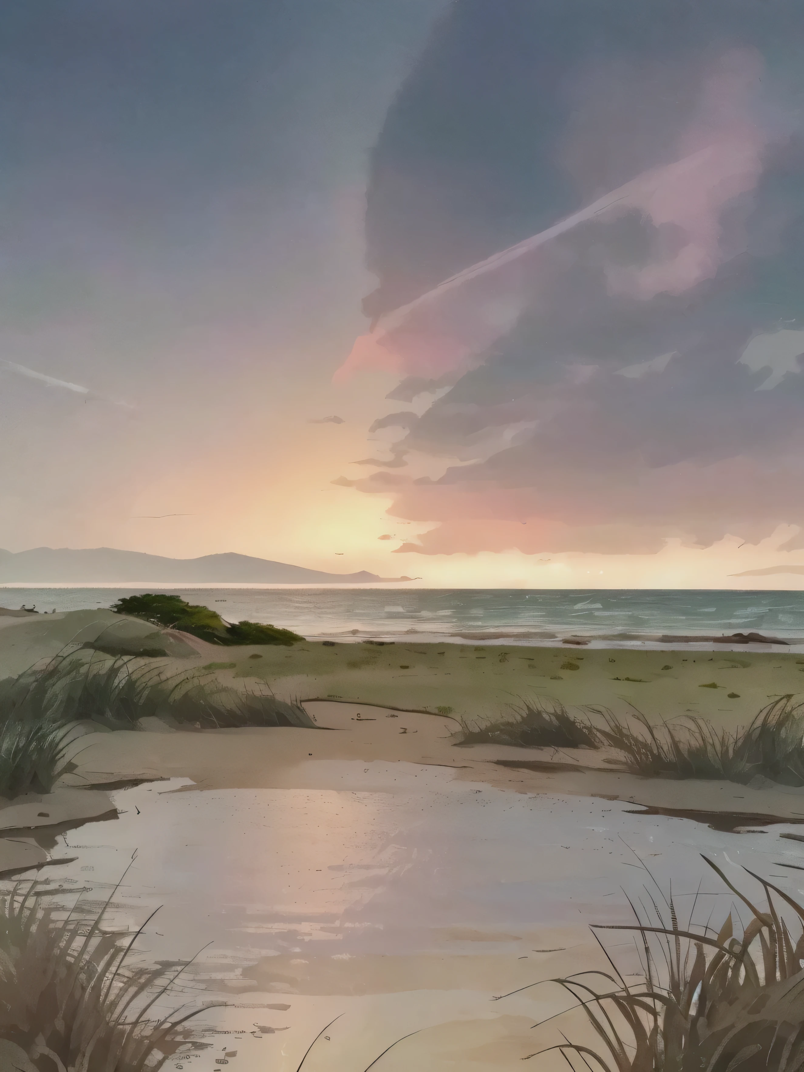 Hiroshi Yoshida style, pastel colors, beach landscape, sunset, long grasses, very detailed