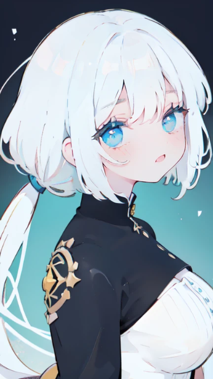 ((Uma garota)), close-up de uma garota de anime com cabelo loiro claro, longo e fino, amarrado em um rabo de cavalo, olhando para o espectador com um olhar sedutor, lips half open, dynamic pose, (((Pale skin))), cabelo multicolorido loiro e azul, olhos azuis, (((vestindo roupas urbanas modernas moda))), (((seios grandes))), garota anime loira com cabelo comprido, fundo branco