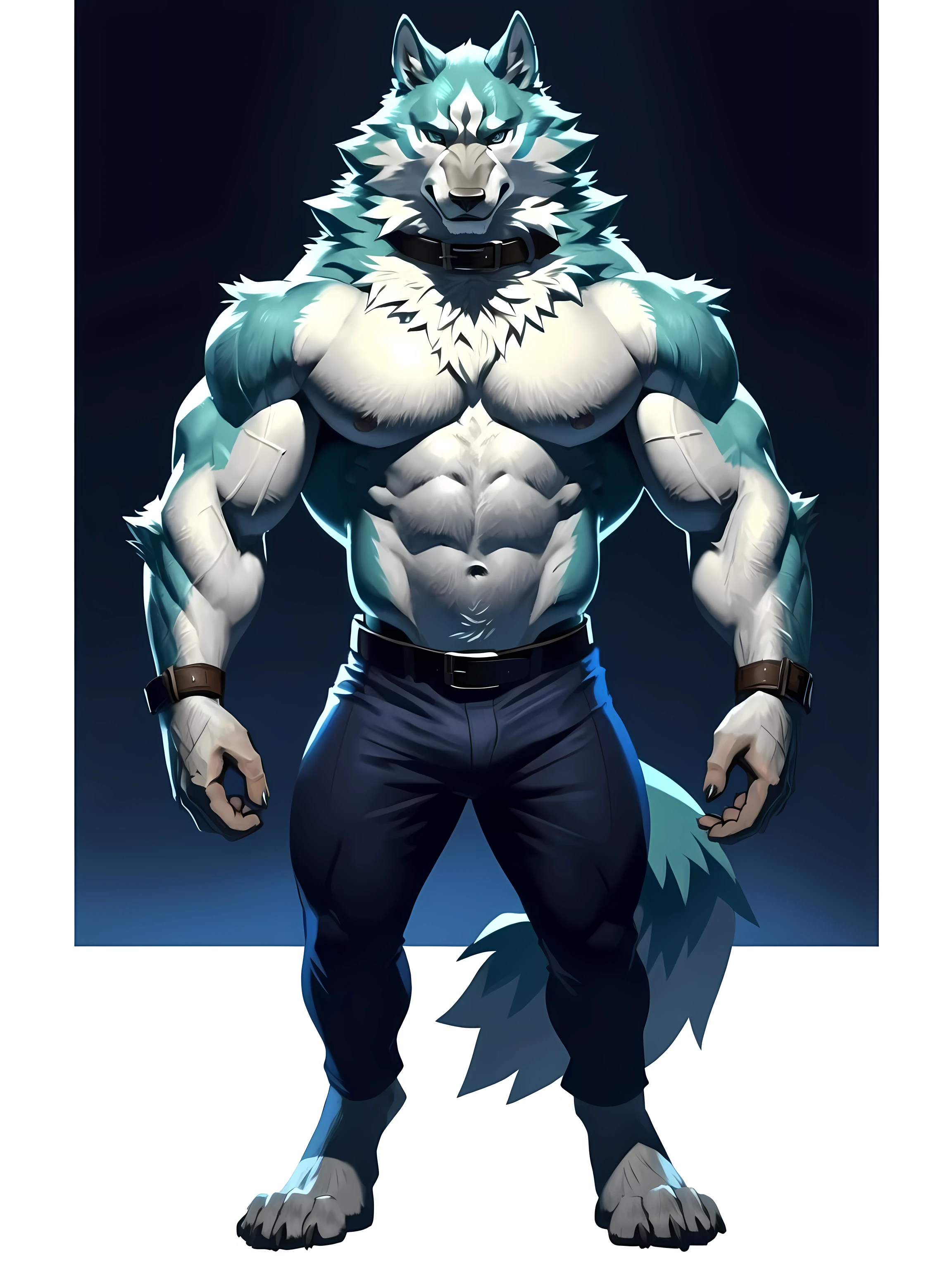 shirou_ogami, shirou_BNA, masculine, male, anthro, very muscular:2.0, heavyweight, very defined muscles:1.5, pectorals:2.0, muscular arms, muscular legs, wide chest, muscular chest:2.0, negger style, taran fiddler style, detailed eyes, ice blue eyes, night background, proud, stern expression, full body, wolf feet, bare feet, big collar, high resolution, best quality, masterpiece, correct anatomy, correct proportions, belt, detailed belt, pants, taran fiddler lighting, detailed lighting, detailed shadows, detailed fur