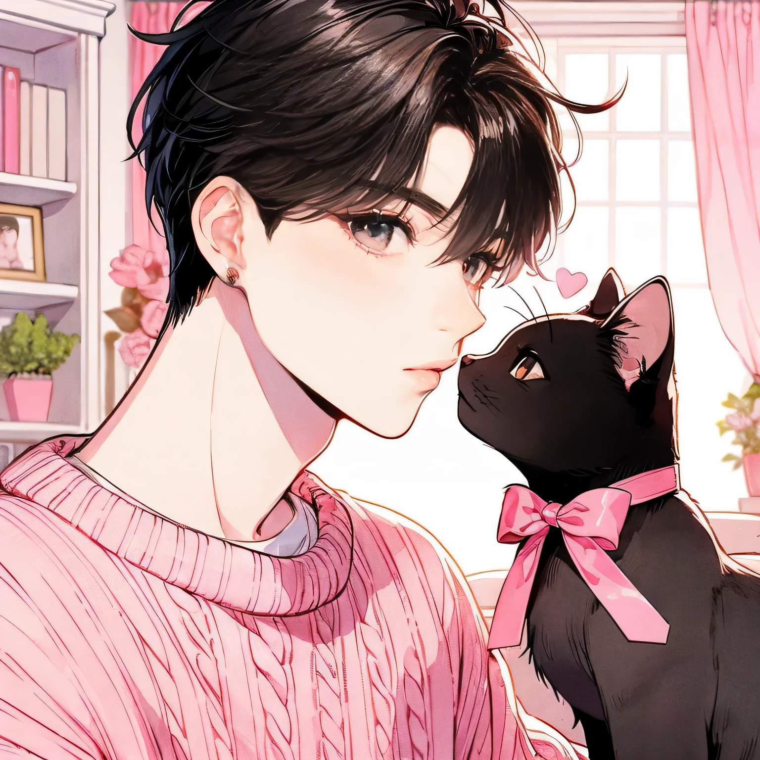 Beautiful youth, Black Hair, short hair, Pink Sweater, Black cat with pink ribbon, Right before the kiss, Cute and stylish room,high quality, Draw Amount, Pixiv illustration, Japanese anime, clear line drawing, Transparent watercolor, Clear shading