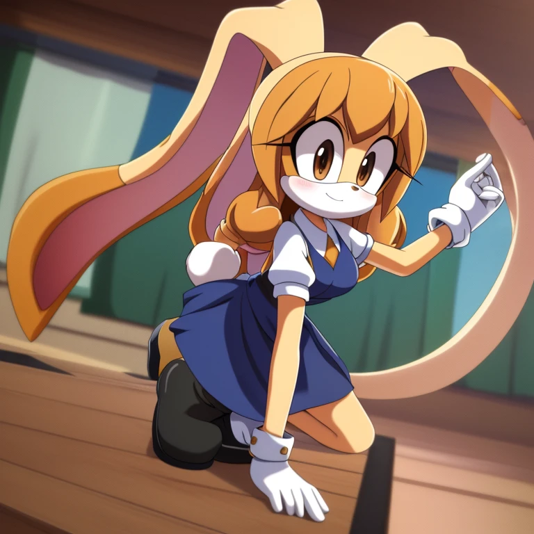 Female, Mobian, Rabbit, Cream the Rabbit sonic the hedgehog \(series\), rabbit girl, ((solo)), ((1girl)), ((hairstyles, long wavy hair with curtain side bangs, similar to Maria)), brown eyes, blushing, serious/mad, young adult, average sized breasts, hair on top of shoulders, long peach hair color that’s is wavy, wearing uniform , black boots, white gloves, arms crossed, many poses (((2D Anime Style))), 