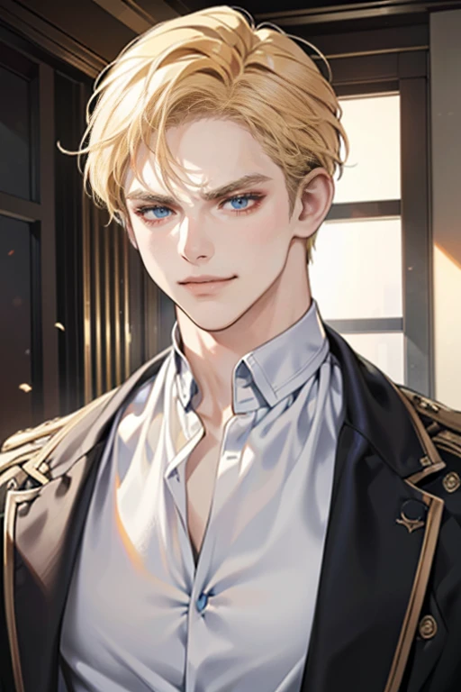 (tmasterpiece, high resolution, ultra - detailed:1.0), (1 boy, Young male, masculine face), Perfect male body, tall and strong, Adult male, Delicate eyes and delicate face, Extremely detailed CG, Unity 8k wallpaper, Complicated details, Detailed face, (blond hair, messy hair, serious faces, white shirts,Bad students), (frown,evil smile:1.3), stad in school corridor, street style, color difference, Depth of field, dramatic shadow, Ray tracing, Best quality, Cinematic lighting, offcial art,Portrait