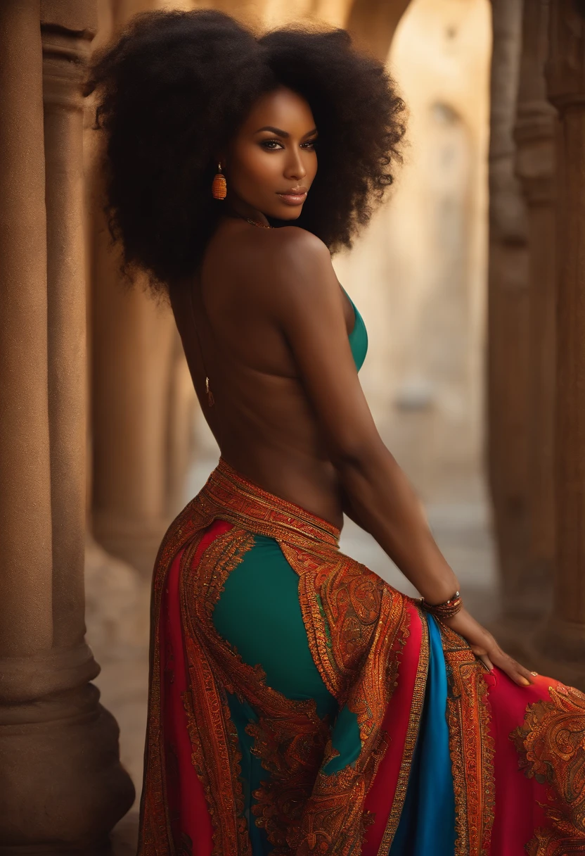 femme afrcaine , sexy well shaped , dark complexion , debout , mini jupe, grosse fesse