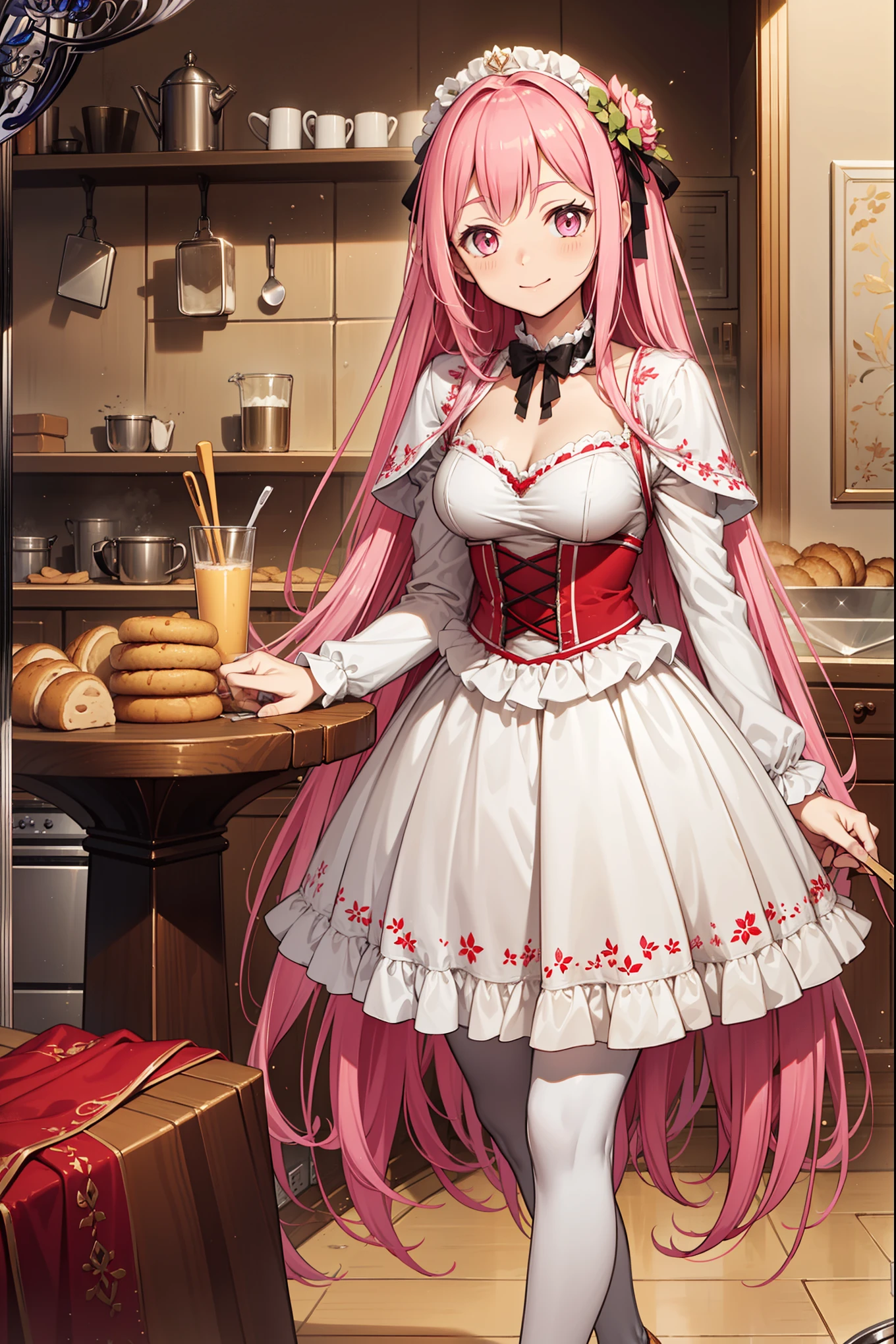 (Best quality, A high resolution, Textured skin, High quality, High details, High details,Extremely detailed CG unity), Enchanted,having fun,Being in love,baker in fantasy world, pink hair, pink eyes, exquisite costumes,solo person,day, Simple white pantyhose,A small amount of lace,Dazzle, woman, beautiful, (baker), (in bakery), (in kitchen), baking female, more details, detailed bakery scene, kitchen detailed, (holding whisk:1), cookies, pies on table, cake on table