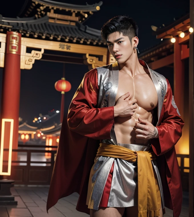 2 Handsome chinese guy fucking, having sex, full naked , 20 years old,hug, cuddle, touching lips, skin ship, romantic, Asian, chinese hansome actor, kpop idol, handsome male model,manly, master work, best picture quality, higher quality, high detail, super high resolution, 8k resolution, perfect eyes, perfect skin, manly jawline, manly chin, perfect hands, big chest muscles, bare chest, tattoos chest, tattoo hands, tattoo arms,earings, ancient pendents, braceles, glowing eyes, short hair, hair details, detailed background , open Hanfu transparent tulle jacket, ((red and golden clothes with silver decoration)), super sexy loincloth, naked, long big erection dick, detailed perfect dick shape, masturbate, Chinese garden background, Chinese kung fu, dragon-themed costumes, monk robes, spinning floating particles, chinese temple in background, looking at viewer