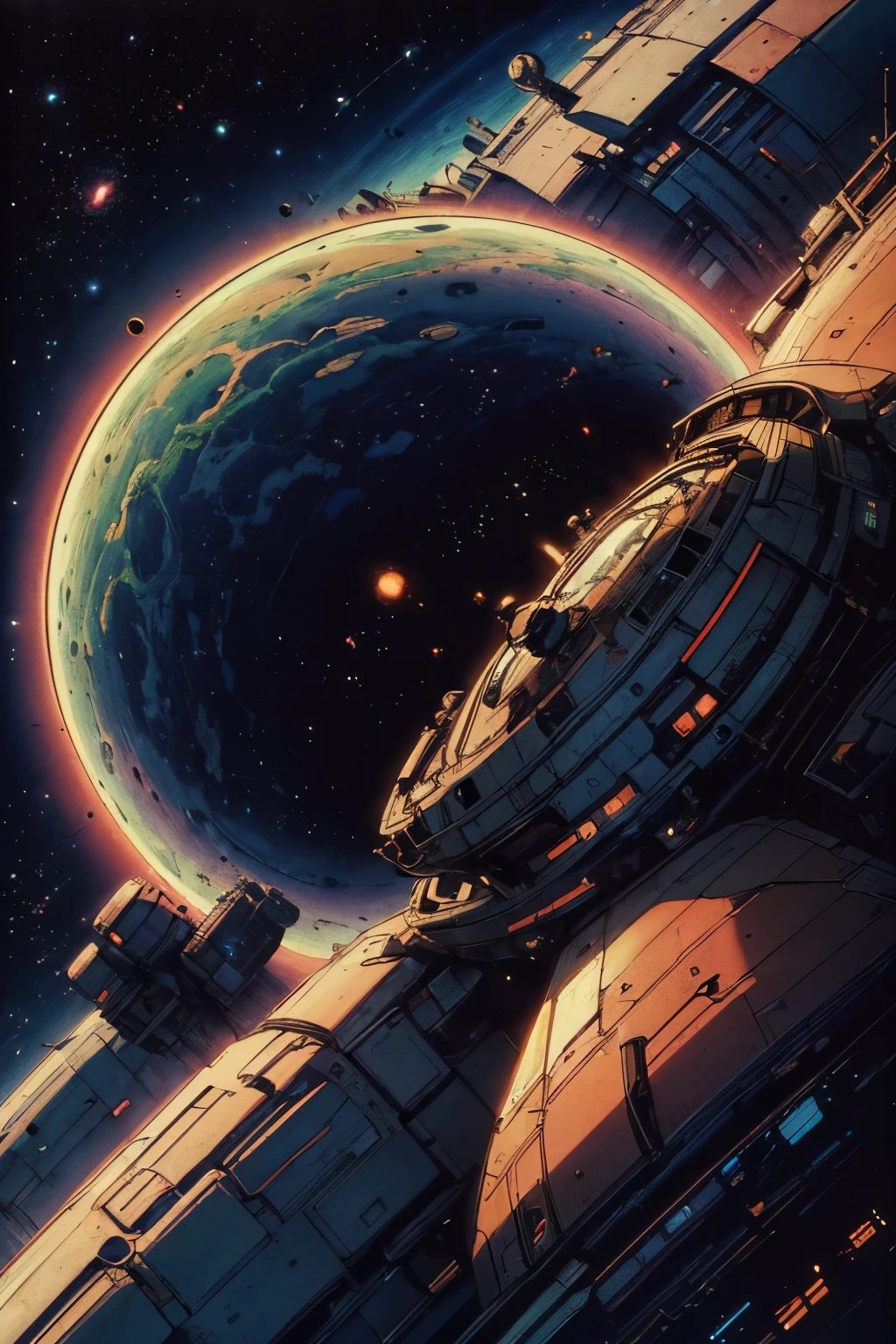 (best quality,4k,8k,highres,masterpiece:1.2),ultra-detailed,(realistic,photorealistic,photo-realistic:1.37),colorful space,organic spaceships,photorealistic space station,cinematic movement,celestial bodies,volumetric lighting,Syd Mead,Frank Frazetta,John Berkey,brutalism