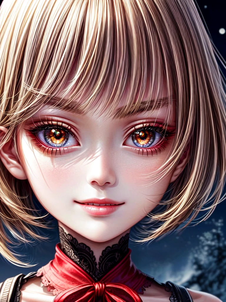 high quality, 最high quality, masterpiece, disorganized, red_Jacket, ribbon, black_eye, blonde_hair, short_hair, hair_ribbon, smile, 1 girl, torn clothes, Cloth, Dense and beautiful black eyes, beautiful detailed lips, Highly detailed eyes and face, long eyelashes, detailed face, masterpiece, 最high quality, high quality, High resolution, (moonlit night background), Click here for eye line、(((close up of face)))