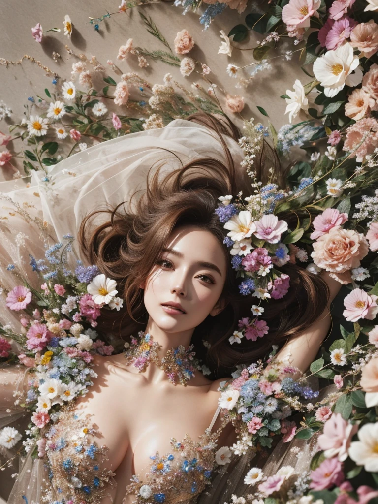 ((Quite a bit body)), a beautiful cute smile Japanese face woman, still from the film, (Anne Hathaway look alike face: 0.8), breathtaking ohwx, (from above:1.2), ,lying on flowers, looking down, leotard ,(flowers, leaves, petals:1.2), soft skin, (flying butterflies:1.2), flower crown, long messy hair, film grain, depth of field, analog film style, editorial photo, girl, wide hips, (best quality:1.2), absurdres, BLOOM, fog, shot on Fujifilm Superia 400, Short Light, 32k, cinematic composition, professional color grading, film grain, atmosphere, wondrous, very sunny, motion blur ,( blush:1.2), blurry foreground, . award-winning, professional, highly detailed, Leica SL3, Summicron-SL 75mm, f/2 ASPH, Kodak Gold 200 film, bokeh, rim lighting, silhouette, shallowed depth of field, dynamic hands up,