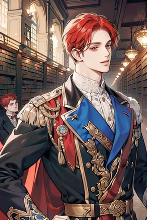 This is what a real duke looks like! Duke's antique clothes, elegant, gentlemanly. He is smiling friendly, his red hair is vivid, his red eyes shine against his perfect skin. In the background, a well-stocked library with books that fill the shelves. All this is in a beautiful light, which makes it look amazing。 (High quality: 1.2, Library: 1.5, Antique duke clothes: 1.4) at night, provocative light, mysterious darkness