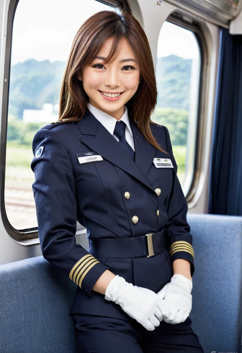 1woman, long hair brown, train pilot suit, Japanese train pilot uniform, white gloves, smile,