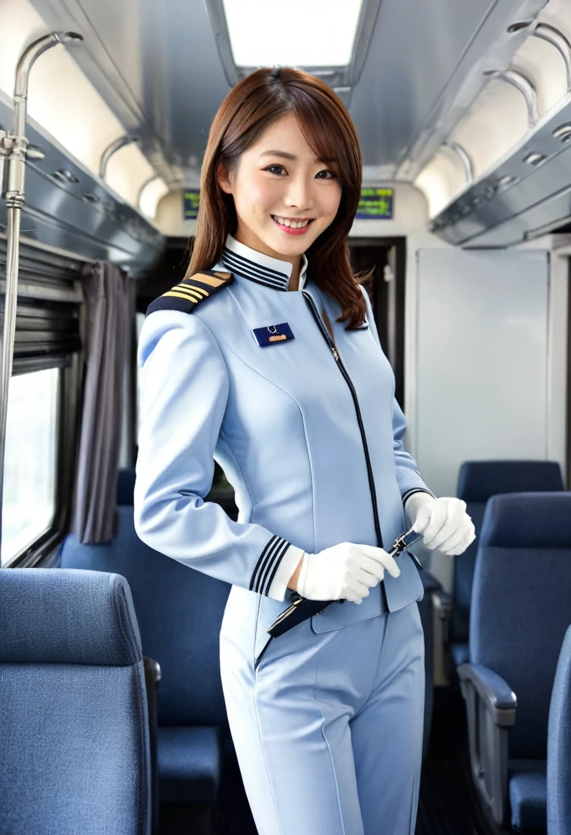1woman, long hair brown, train pilot suit, Japanese train pilot uniform, white gloves, smile, 