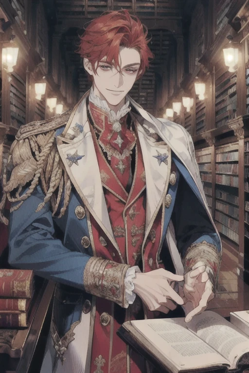 This is what a real duke looks like! Duke's antique clothes, elegant, gentlemanly. He is smiling friendly, his red hair is vivid, his red eyes shine against his perfect skin. In the background, a well-stocked library with books that fill the shelves. All this is in a beautiful light, which makes it look amazing。 (High quality: 1.2, Library: 1.5, Antique duke clothes: 1.4) at night, provocative light, mysterious darkness