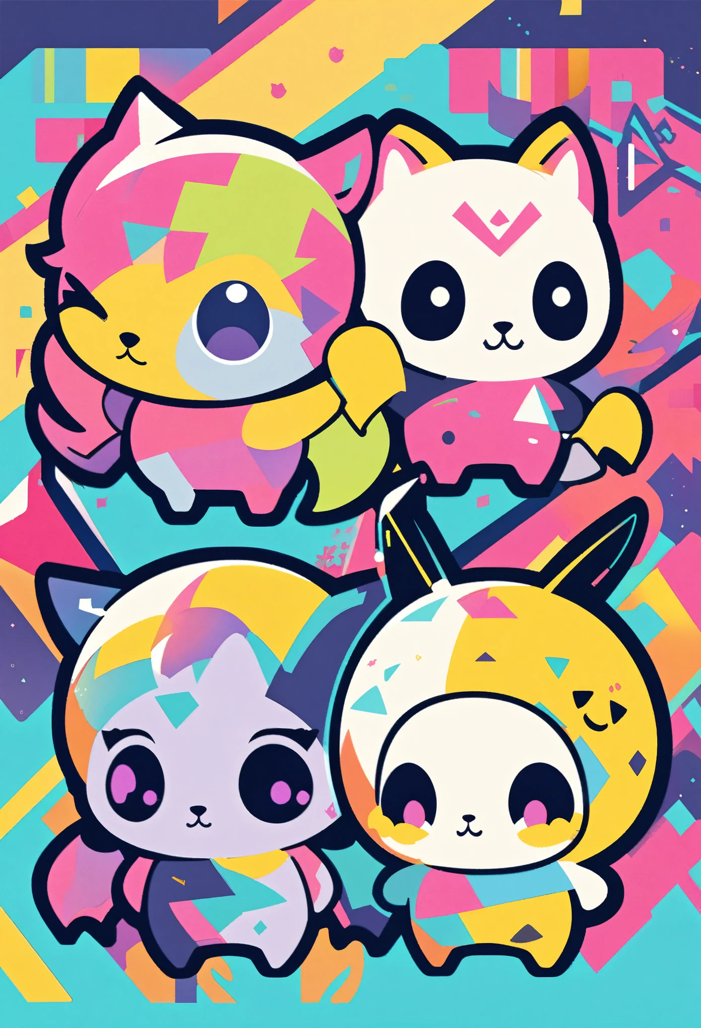 tshirt design, 2d, vector illustrations, Solid coating, A simple animal made by combining linear shapes, Vibrant colors, Pop atmosphere, Cute design, Cute animal characters,