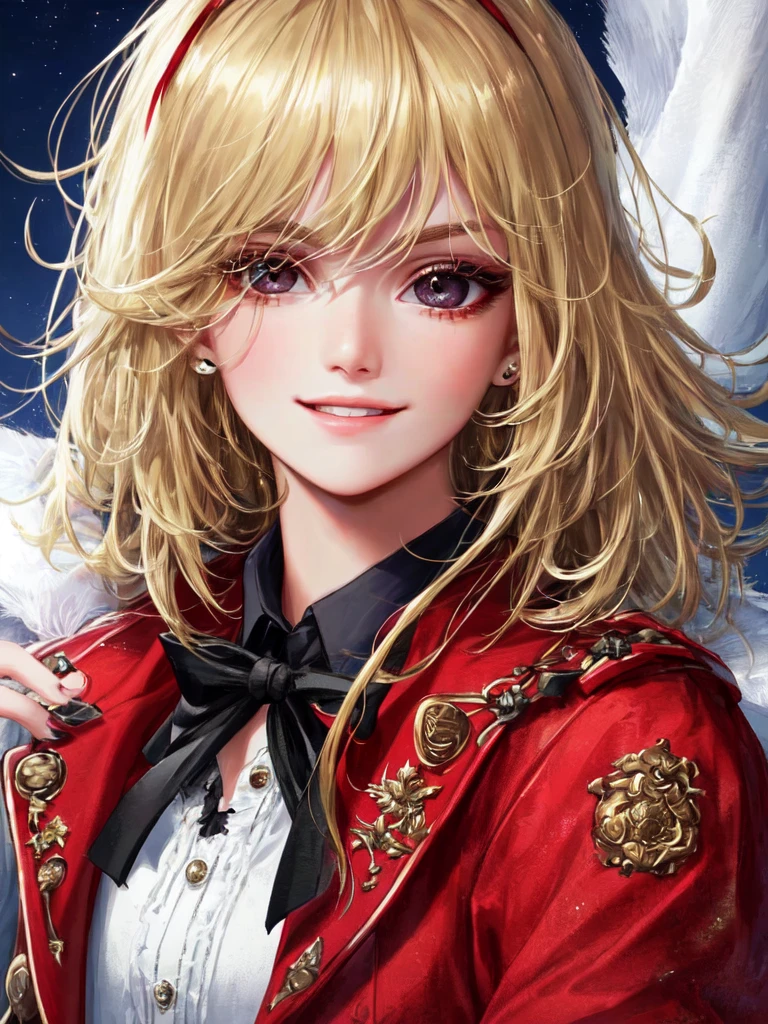 high quality, 最high quality, masterpiece, disorganized, red_Jacket, ribbon, black_eye, blonde_hair, short_hair, hair_ribbon, smile, 1 girl, torn clothes, Cloth,  Dense and beautiful black eyes, beautiful detailed lips, Highly detailed eyes and face, long eyelashes, detailed face, masterpiece, 最high quality, high quality, High resolution, (moonlit night background), Click here for eye line、(((close up of face)))