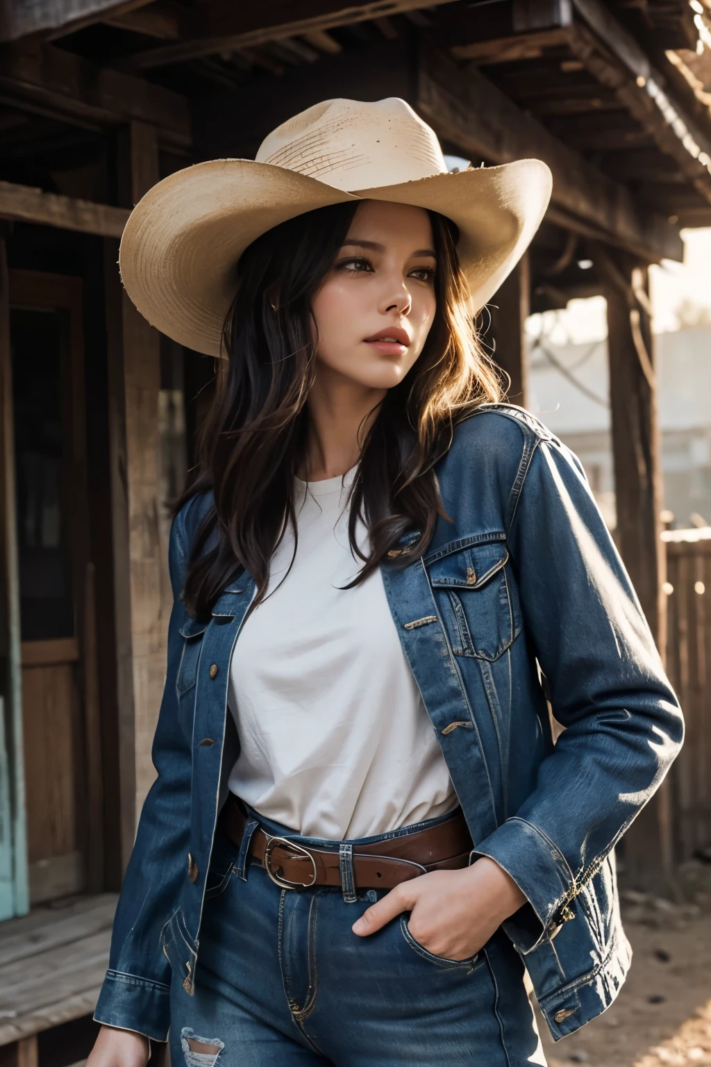 Surreal close-up photo of Kate Beckinsale, masterpiece, best quality, (realistic:1.4), (cowboy outfit, jacket over shirt, dirty pants, cowboy hat) Create dystopian masterpieces. western theme, dusty atmosphere, Wooden building, The setting sun casts a long shadow, old and worn out clothes, expectations in the air, a violent confrontation, empty street, deserted village, Beautiful woman, thin, , brown straight hair, detailed face, laugh, photo taken from afar, 20 years old tears