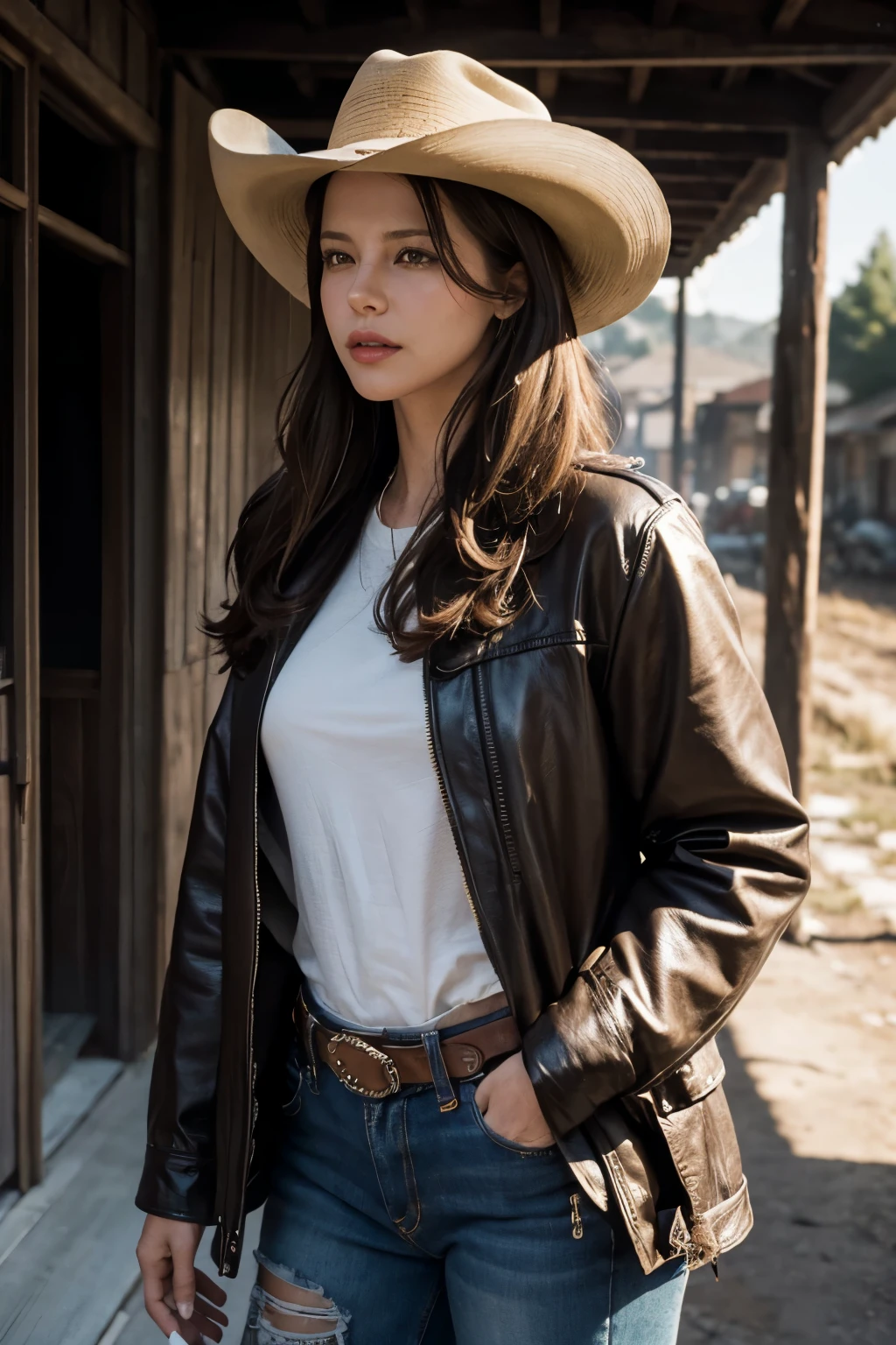 Surreal close-up photo of Kate Beckinsale, masterpiece, best quality, (realistic:1.4), (cowboy outfit, jacket over shirt, dirty pants, cowboy hat) Create dystopian masterpieces. western theme, dusty atmosphere, Wooden building, The setting sun casts a long shadow, old and worn out clothes, expectations in the air, a violent confrontation, empty street, deserted village, Beautiful woman, thin, , brown straight hair, detailed face, laugh, photo taken from afar, 20 years old tears