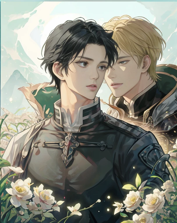 ((best quality、A masterpice))、(Two handsome men)、Blonde beautiful man wizard、Middle-aged man with short black hair wearing black armor、epic anime style、Comic art、sirius a and sirius b、high quality fanart、Inspired by Kentaro Miura、detailed fan art、Akihiko Inoue and Rostran、particle、grass field、Tuuli、florals、simple background、Uses backlight and rim light