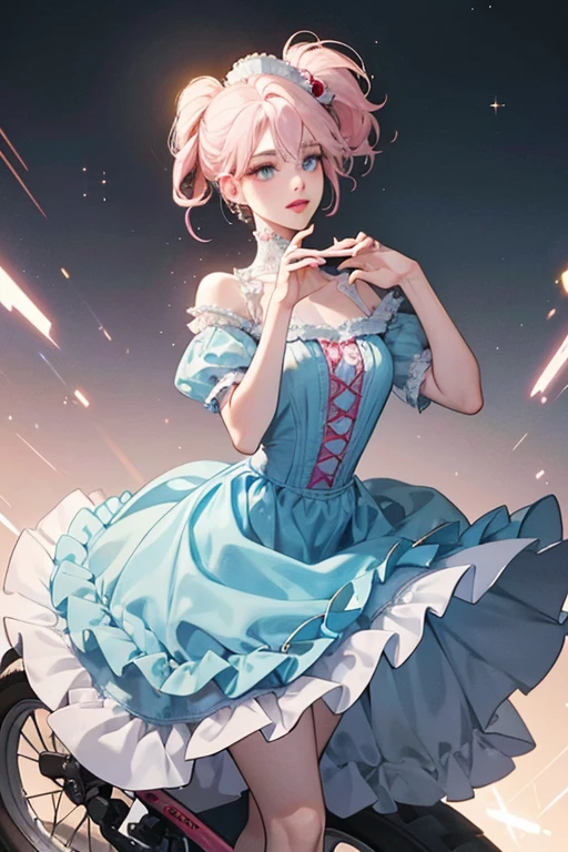 She is a pale pink r with a faded yellow hairdo and bright red lips, a pair of gray  her hair and a pair of glove-like hands. She wears a dull blue dress with frills and has a pair of wheels with light blue covers. SPARKLE; GLITTER