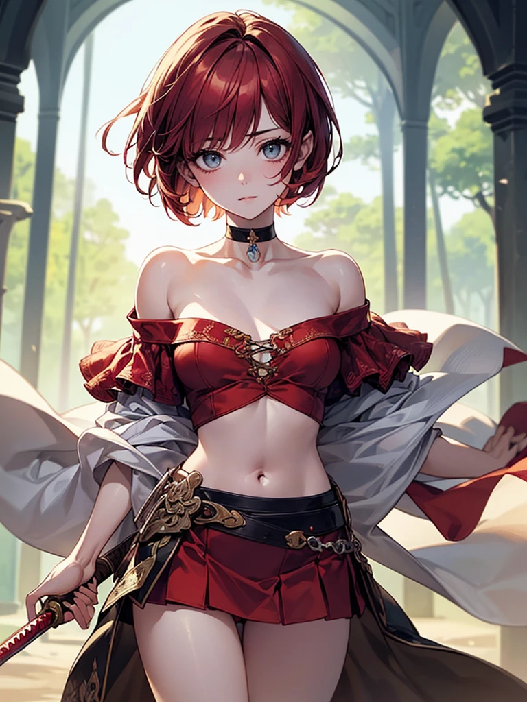 ((perfect anatomy:1.2,realistic,:1.3,RAW Photography:1.3,masterpiece、highest quality、Ultra - High resolution、High resolution、Highly detailed CG、8K)),nsfw,cowboy shot,1 female,alone,20-year-old,beauty of japan,beautiful detailed face and eyes,big and gorgeous eyes,gray eyes,(red hair,short bob hair,bangs), (slender body,small head:1.4, skinny、small breasts), glowing skin,oily skin,(fantasy clothing,black tube top,off shoulder、navel、red micromini skirt,choker),action pose、fight with sword,Holding a thin sword、Swordsmanship stance、swordsmanship training、fantasy,fantasy world、tree々、virgin forest、river、medieval europe、natural sunlight、