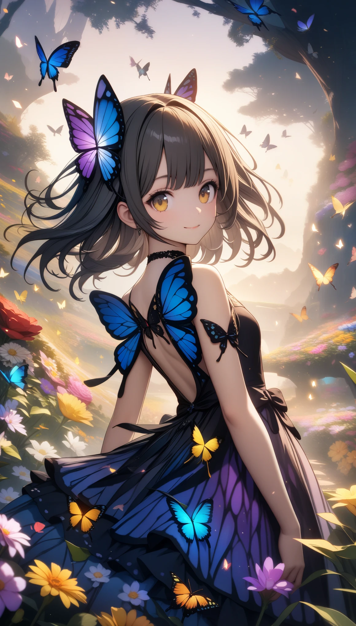 32k, best quality, ultra high res, HDR, UHD, extremely detailed CG, unity 32k wallpaper, (32k), (beautiful cute girl), (butterfly ornament), (butterfly dress), ((many butterflies)), (((background of many flowers
))), (((bright background))), (beautiful world), (cute world), smile,