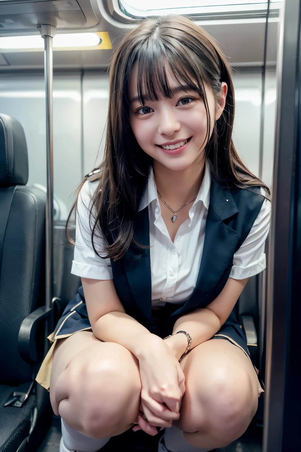 highest quality, masterpiece, Ultra-high resolution, (Reality: 1.4), Original photo, One girl, mature, White JK Uniform, happy smile, large chest , squatting on seat in train, Cinema Lighting