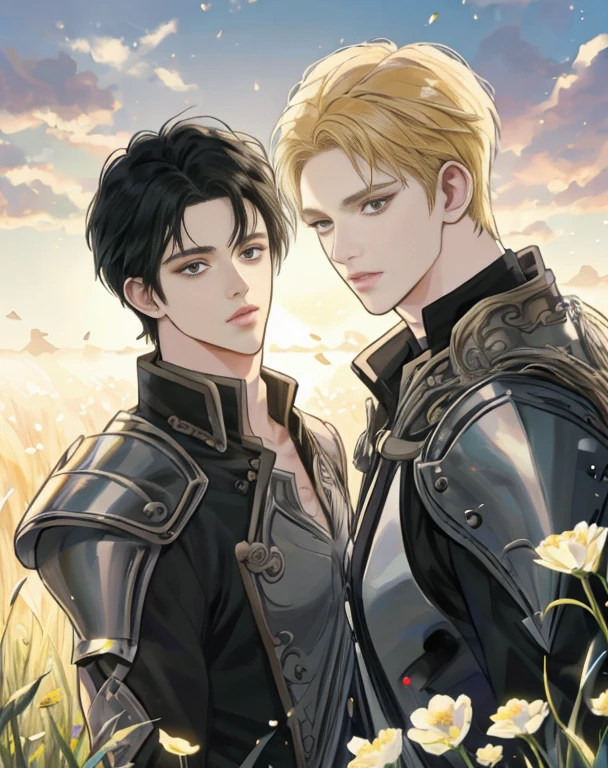 ((best quality、A masterpice))、(Two handsome men)、Blonde beautiful man wizard、Middle-aged man with short black hair wearing black armor、epic anime style、Comic art、sirius a and sirius b、high quality fanart、Inspired by Kentaro Miura、detailed fan art、Akihiko Inoue and Rostran、particle、grass field、Tuuli、florals、simple background、Uses backlight and rim light