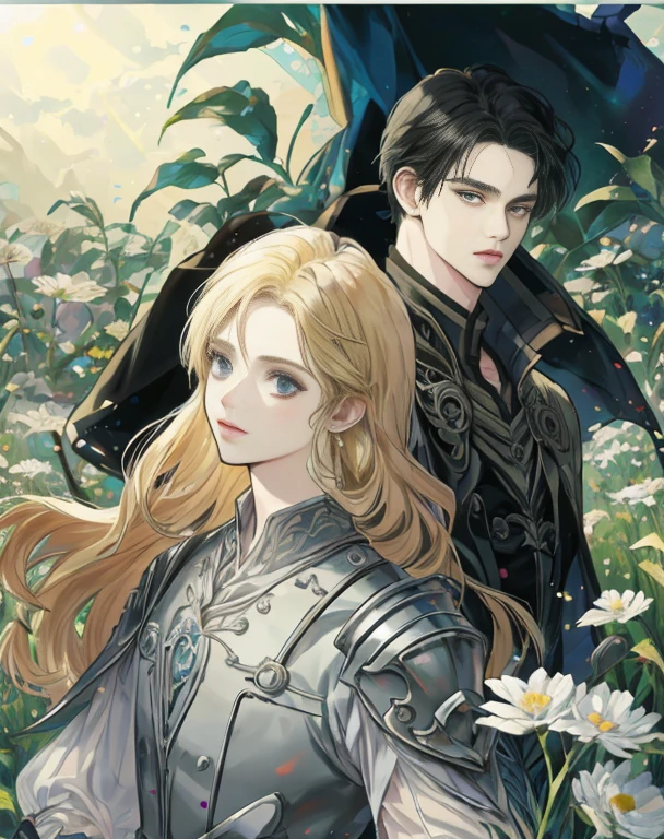 ((best quality、A masterpice))、(Two handsome men)、Blonde beautiful man wizard、Middle-aged man with short black hair wearing black armor、epic anime style、Comic art、sirius a and sirius b、high quality fanart、Inspired by Kentaro Miura、detailed fan art、Akihiko Inoue and Rostran、particle、grass field、Tuuli、florals、simple background、Uses backlight and rim light