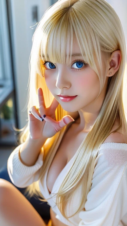highest quality Shining, clear, white skin、Her windblown blonde hair hides her beautiful face、huge、20 years old cute sexy little beautiful face、Beautiful straight hair that stands out、growing up, Sparkling light blue eyes、long silky bangs that cover cute eyes, Sexy and cute young woman with super long hair hiding her sexy face、Super long, natural platinum blonde shiny hair Beautiful bangs that cover the forehead and reach the eyebrows Beautiful chest whole body Lower Body Overall image Sensual pose They are trying to seduce me. A devilish look peace sign Sexy goth costume Trying to kiss her with her beautiful lips Beautiful legs with buttocks sticking out Wearing knee socks